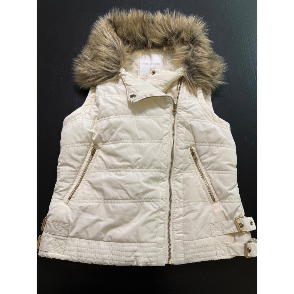Maurices Ivory Quilted Puffer Vest Faux Fur Collar Asymmetrical Zip Womens Small
